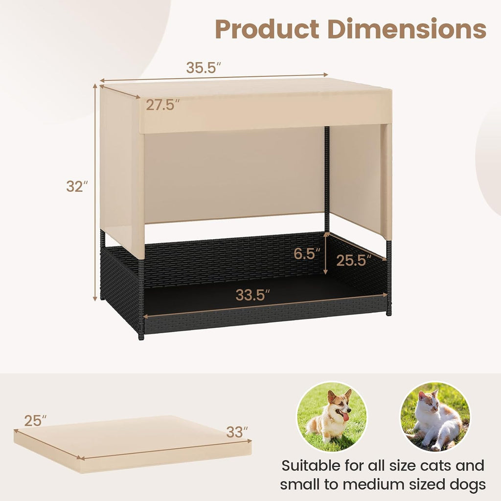 Elevated Wicker Dog House for Small to Medium Breeds, Raised Rattan Pet Sofa Bed with Removable Cushion, Canopy Roof