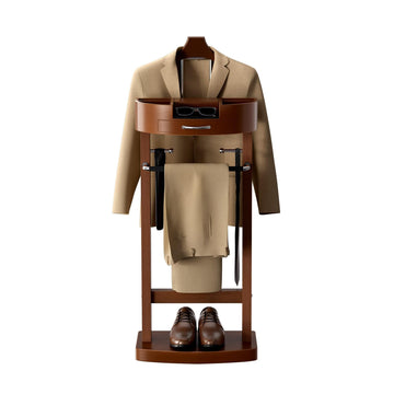 Wooden Suit Valet Stand with Drawer and Shoe Rack, Suit Stand for Men