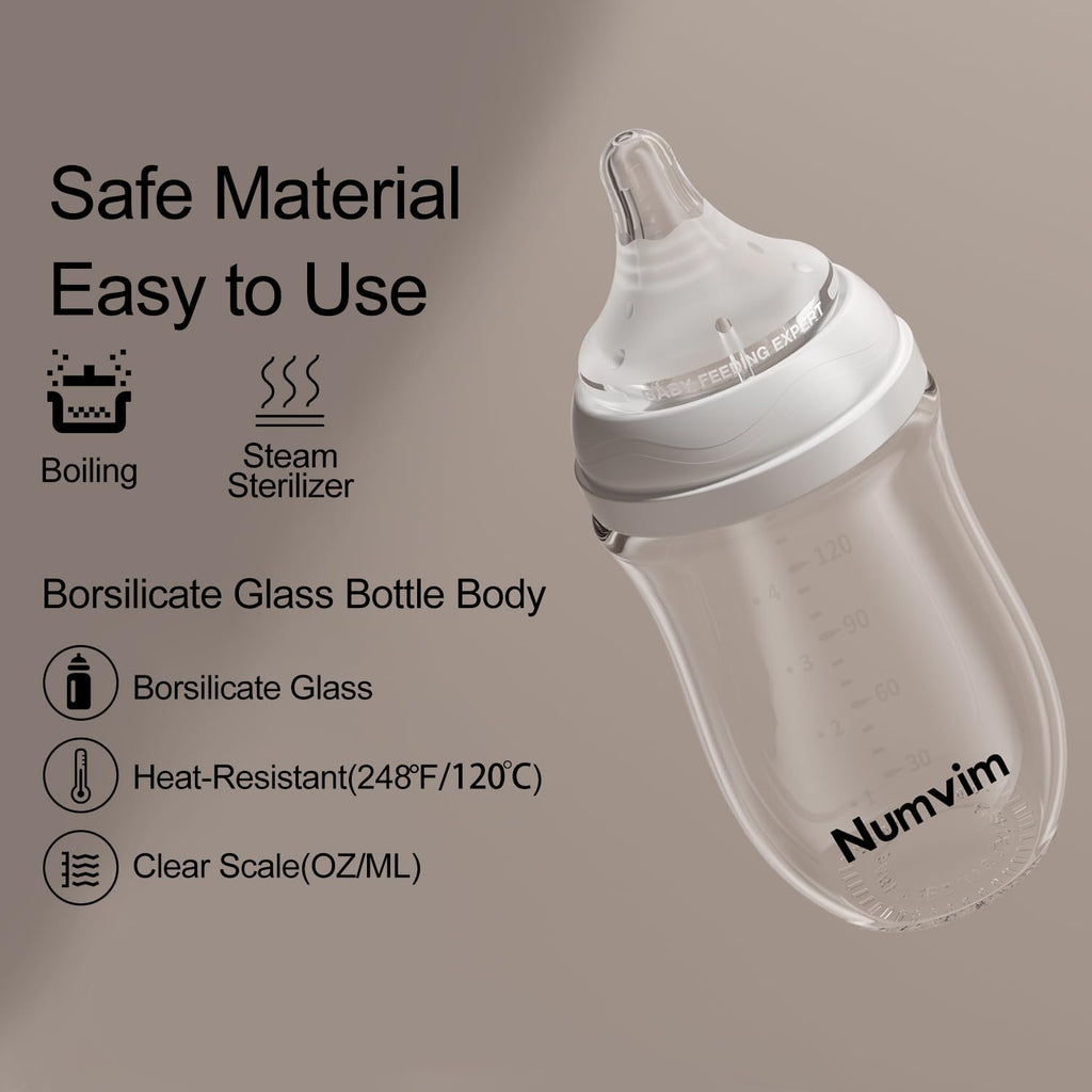Natural Glass Baby Bottles with Gentle & Slow Flow Nipples, Newborn Breastfeeding Bottle, Anti-Colic, Includes M
