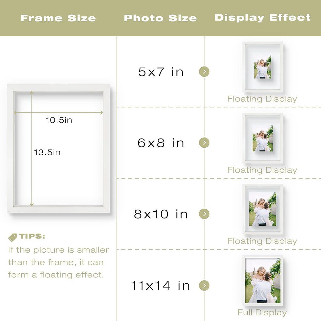 11x14 Floating Picture Frame White - Solid Wood for Pressed Flower -1 Pack