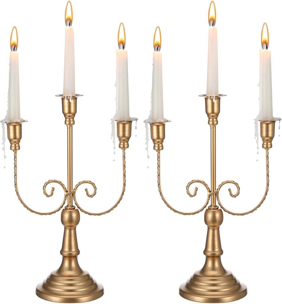 2 Pcs 3 Arm Gold Candelabra, 11.6" Metal Candle Holders Candelabra Centerpieces for Tables Theme Party Table