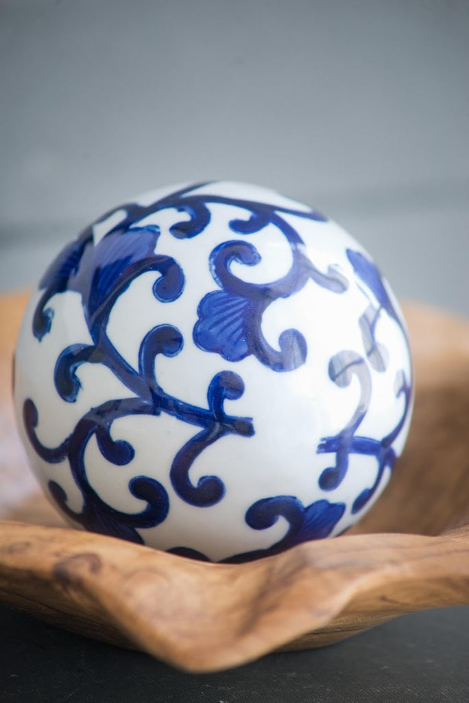 Set of 4 Porcelain Decorative Spheres - Handcrafted Blue and White Floral Orbs Decor, Tabletop Accent, Shelf Display