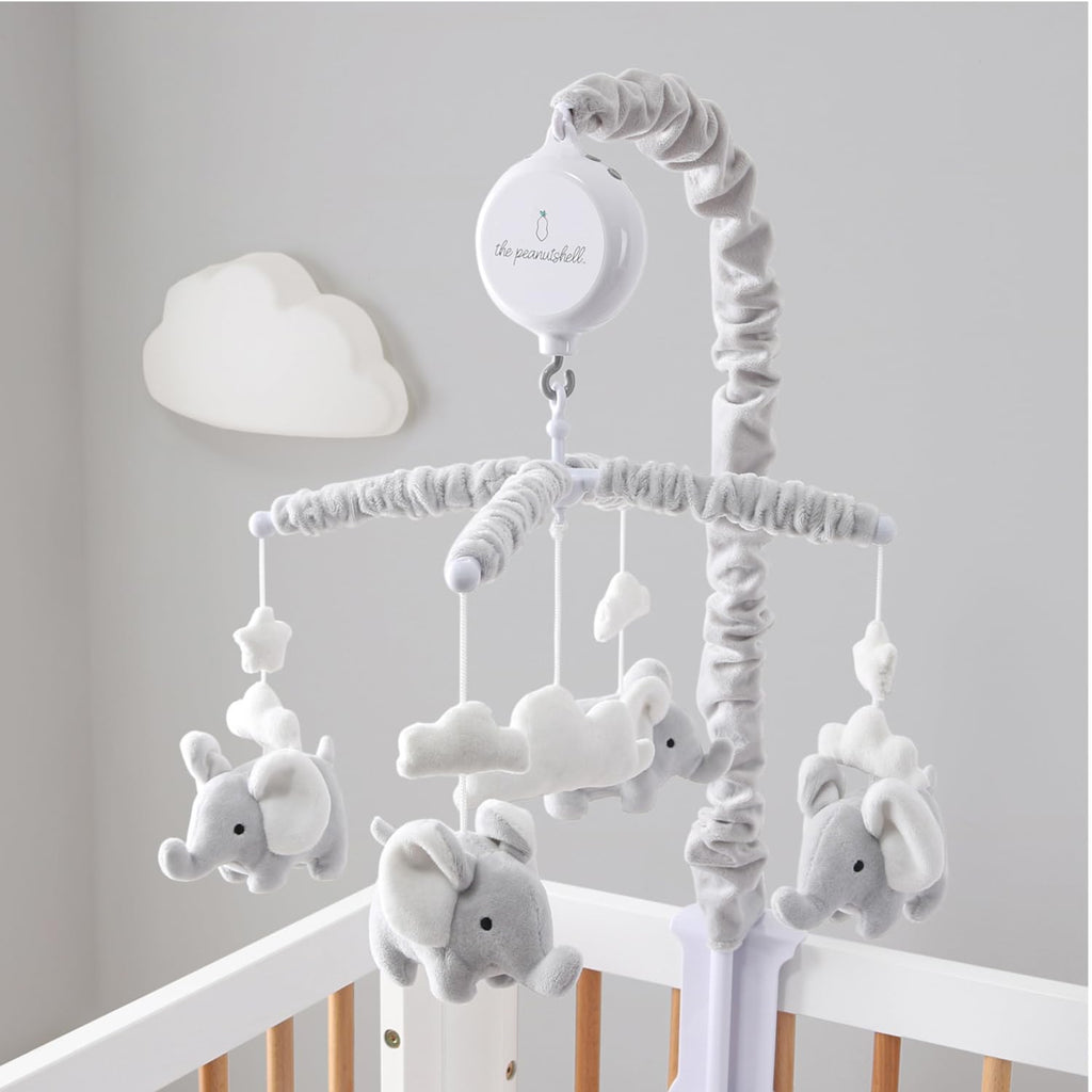 Crib Mobile for Girls or Boys - Soft Grey Musical Baby Crib Mobile with 12 Lullabies, Cute Elephant Baby Grey