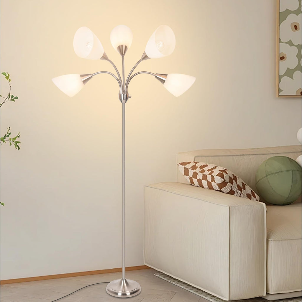 Floor Lamp, 5 Adjustable Neck Heads with Lampshades, Multi-Light Standing Reading Lamp