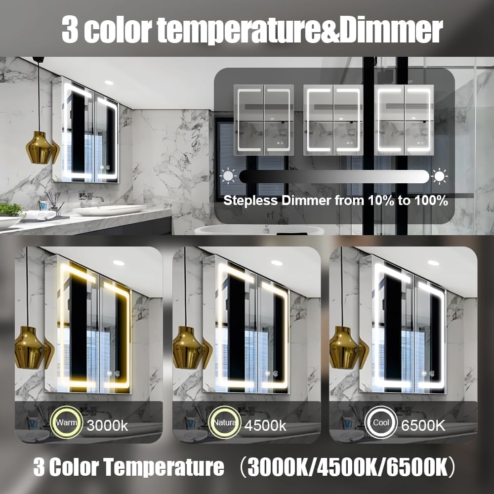 Stainless Steel LED Medicine Cabinet,Bathroom Mirror Cabinet with Light,3 Color,Dimmable,Equipped with Defogger,USB