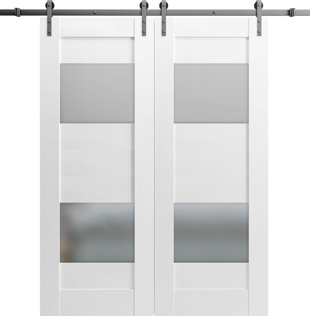 Modern Double Barn Door with 2 Lites/Sete 6222 / 13FT Rail Track Set/Solid Panel Interior Doors-72" 