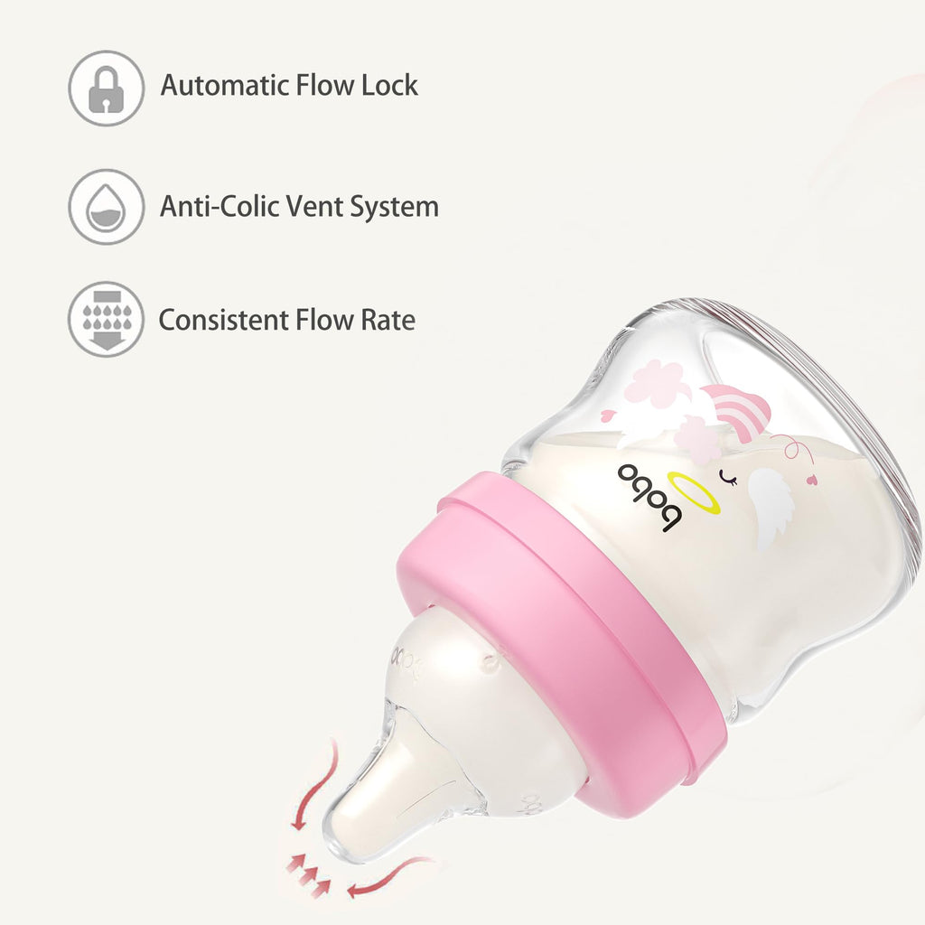 Glass Baby Bottles with Slow Flow Nipple, Newborn Anti-Colic Baby Bottles for 0+ Months, Wide Neck Feeding Bottle