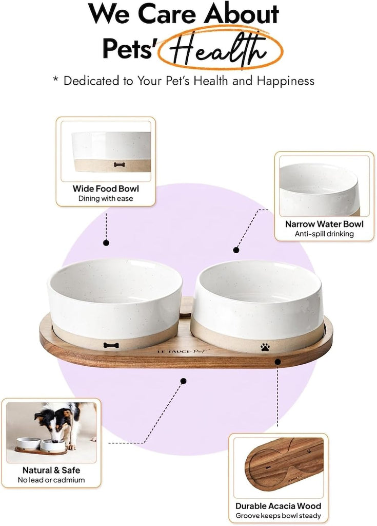 Ceramic Dog Bowl Set with Acacia Wood Tray, 3.2 Cup Food Bowl + 29 oz Water Bowl, Weighted Non-Slip Feeding Station