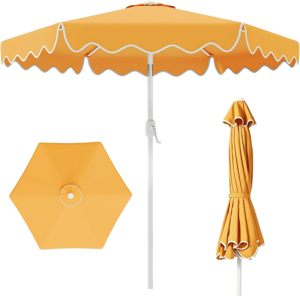 Patio Umbrella with Wavy Trim, UV-Fade-Resistant Canopy, Crank & Tilt - Mustard Yellow 7.5ft