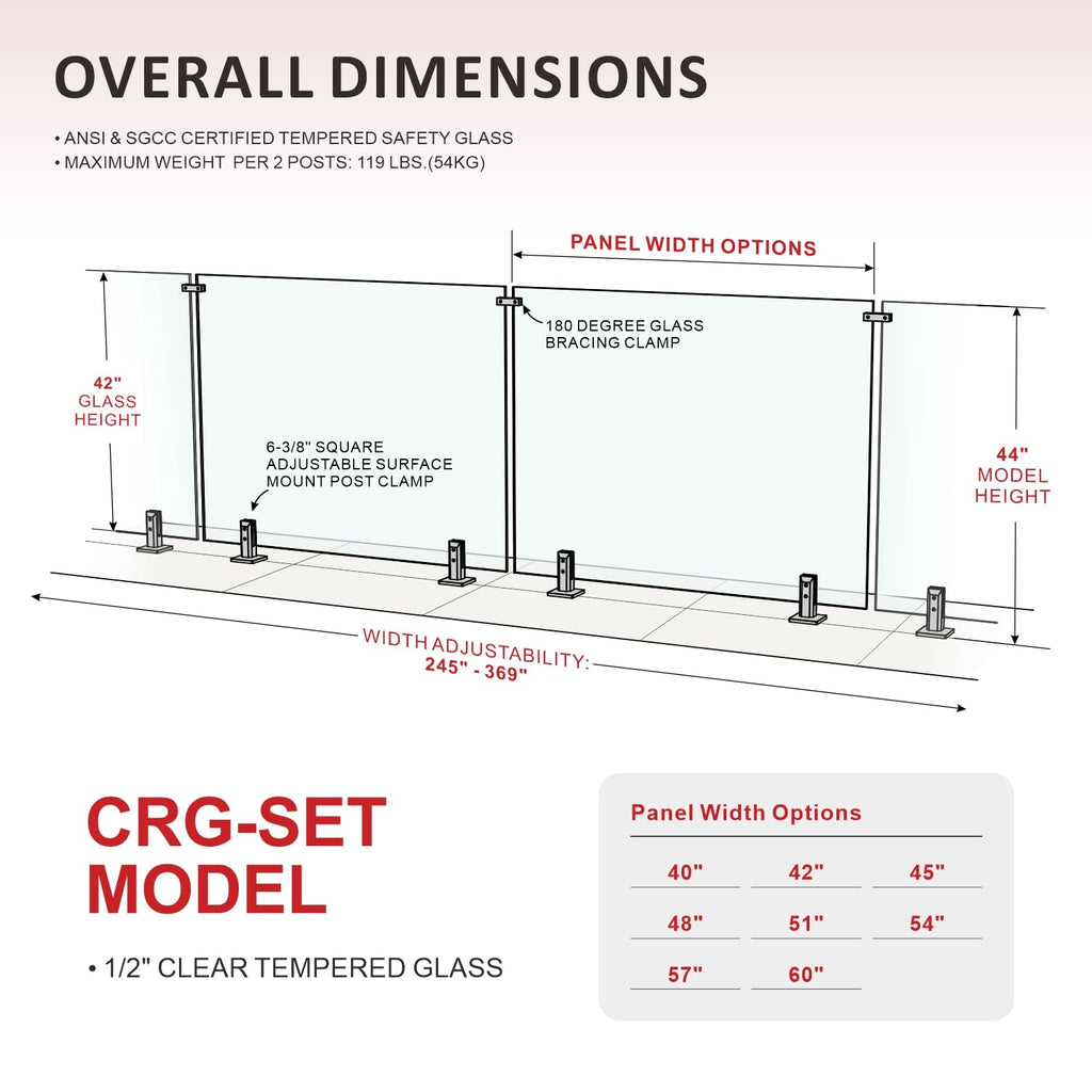 6-Panel Tempered Glass Railing System, 279-283" W x 44" H Deck Railing Kit