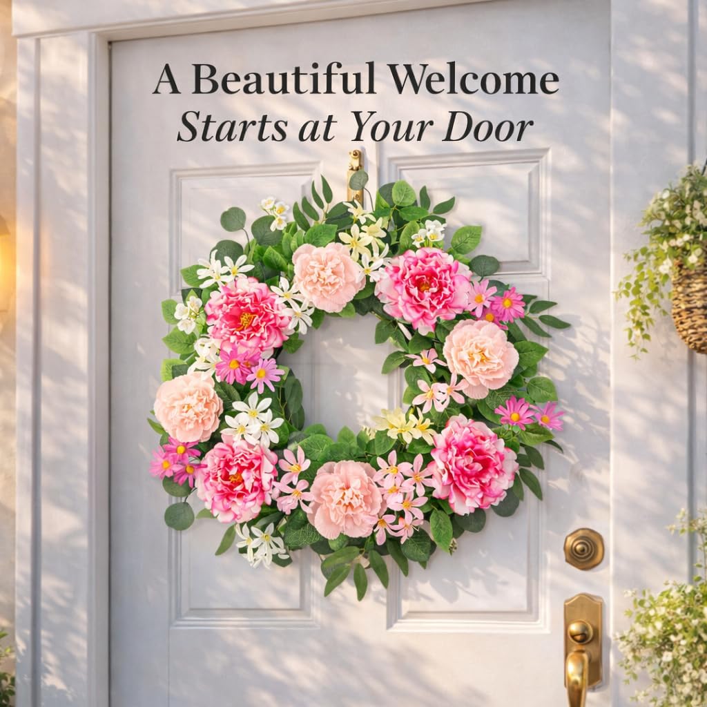 24 Inch Large Front Door Wreath - Full Artificial Floral Spring Wreath for Front Door, Indoor Outdoor Door