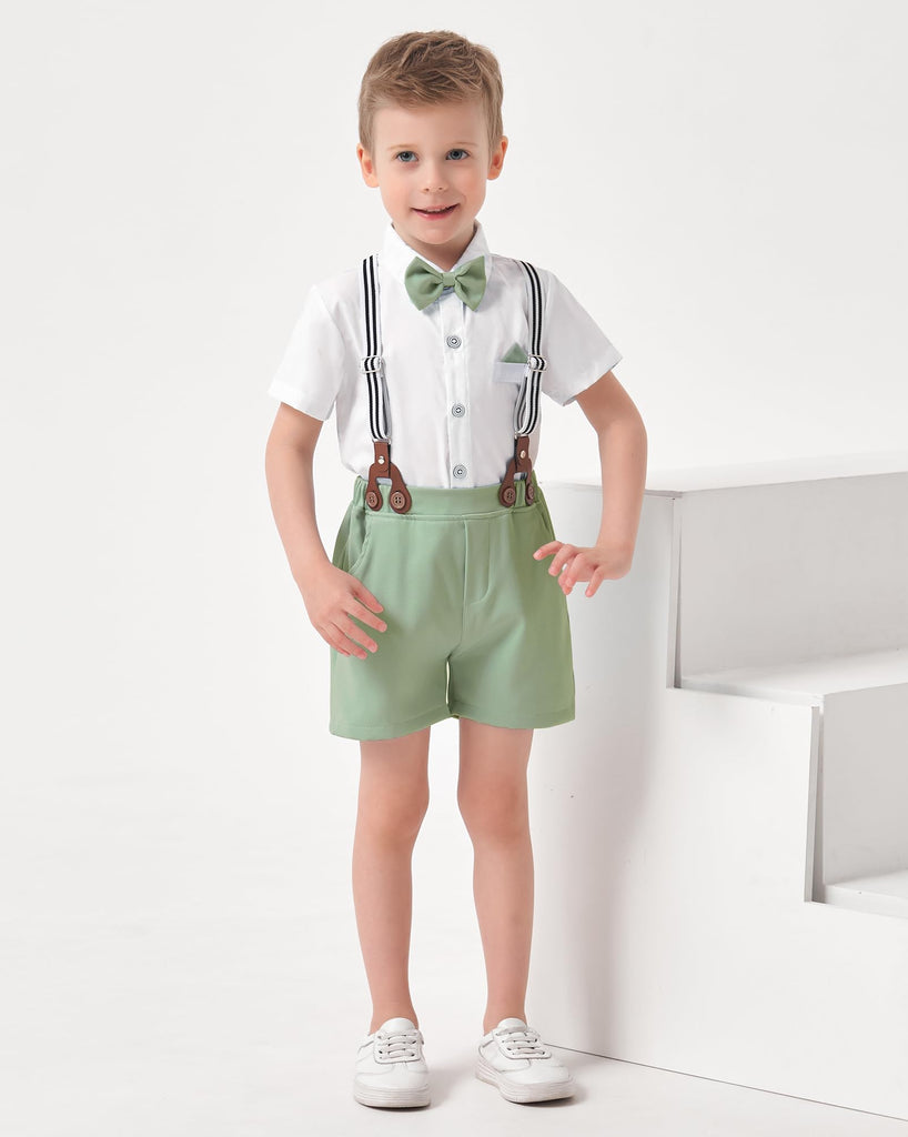 Baby Boy Wedding Outfit Beige Short Sleeve Shirt Apricot Short Suspenders Pants Easter Suits For Toddler Boys