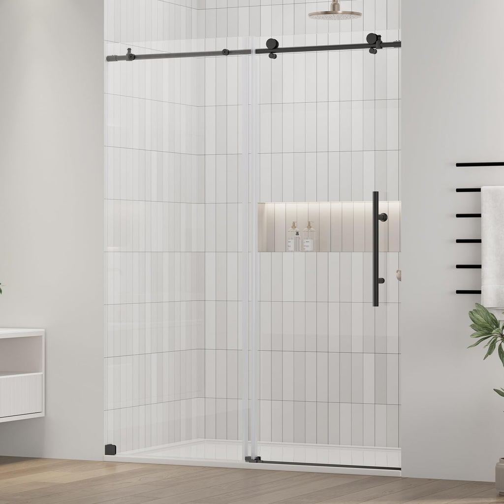56-60" W x 72" H Frameless Shower Door, SGCC Certified & ANSI Standard Ultra-Clear Tempered Black Shower Door with