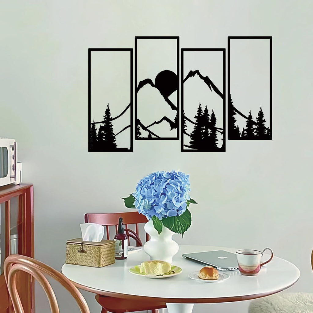 4 Pcs Black Metal Wall Art Sunset Mountain Forest Wall Decor22x9.4In