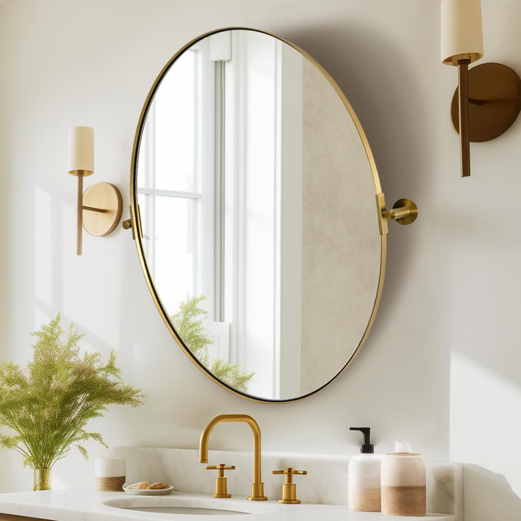 Gold Bathroom, 22" x 34" Tilting Vanity Oval for Wall, Brushed Gold Stainless Steel Metal Frame Pivot Hangs