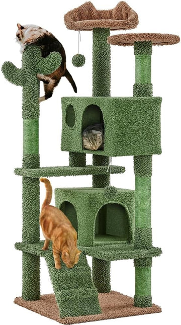 Cactus Cat Tree for Indoor Cats, Green Multi-Level Tower