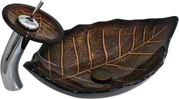Leaf Shape Vessel Sink Set Tempered Glass Bathroom Bowl + Waterfall Faucet & Drainage System