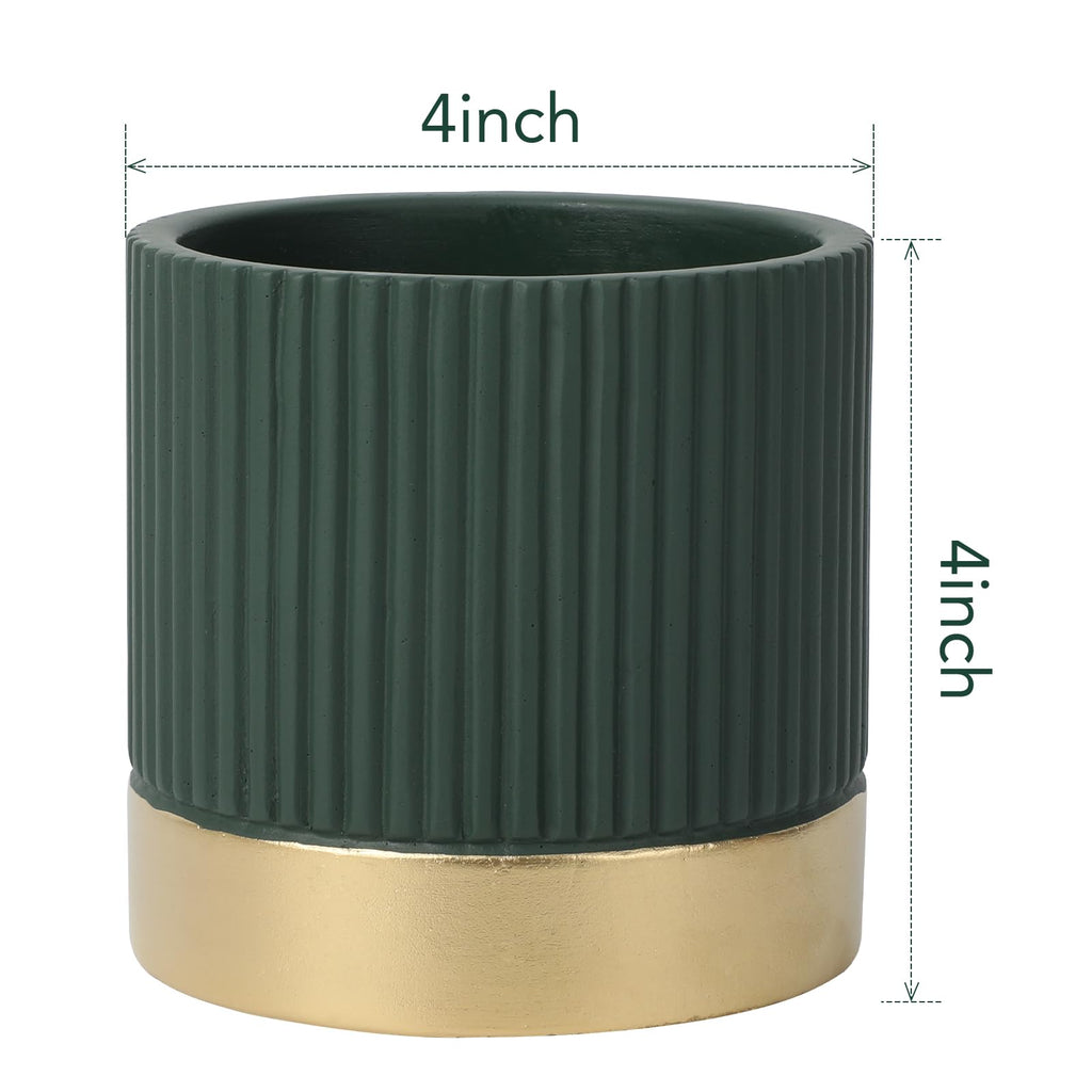 3-Pcs 4 Inch Cement Planters Set - Vintage Ribbed Flower Pots with Gold Rim and Drainage Holes, Modern Ceramic