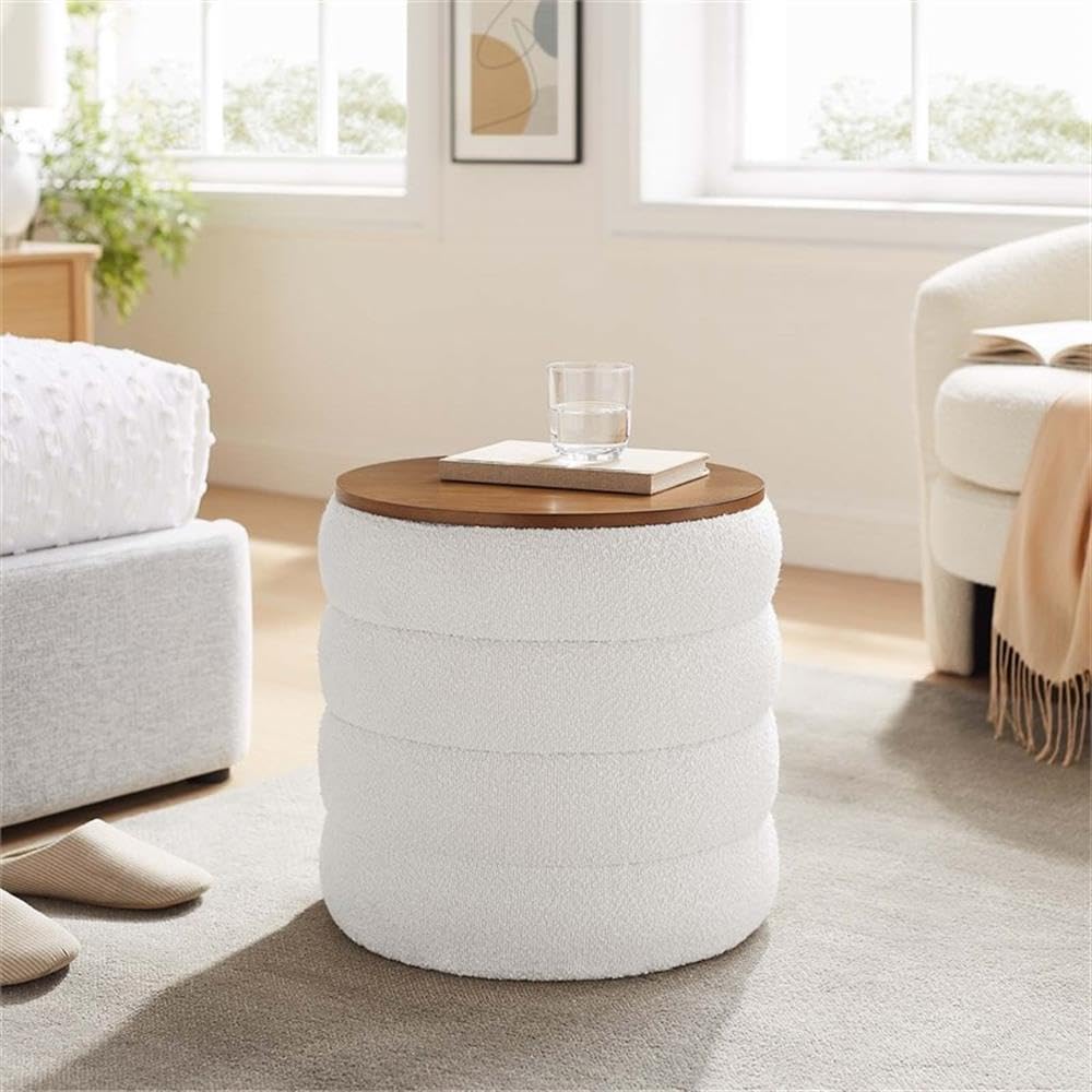 Mezzo Round Boucle Fabric Storage Ottoman Stool in Cloud - Channel Tufted Ottoman - Upholstered Footrest - Versatile