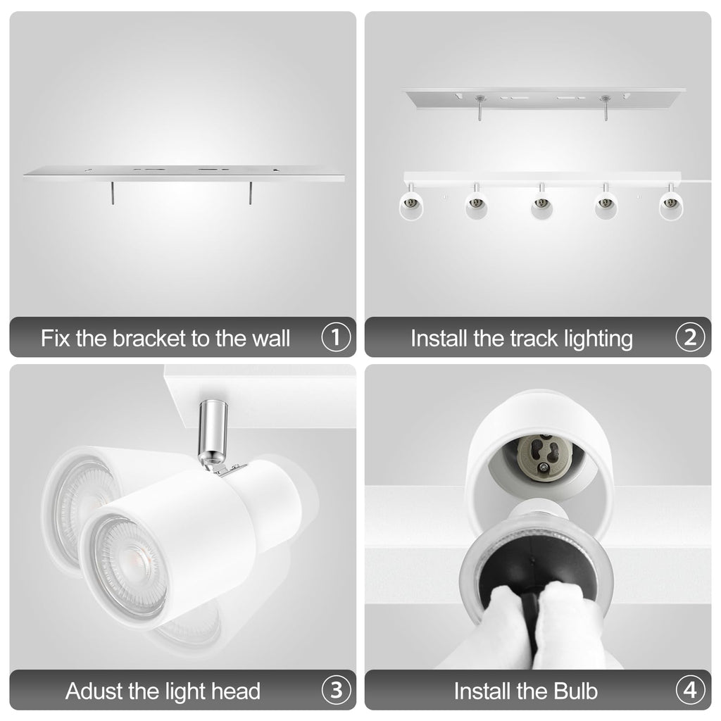 Track Lighting Plug in, 30" LED Track Light Fixtures Ceiling, White 5 Way Spotlight, Rotatable Head, Plug Wall Lights