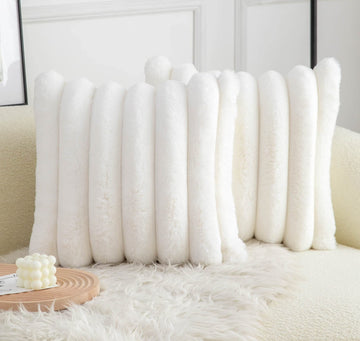 Cream White Faux Fur Cozy Soft Striped Decorative Throw Pillow Covers 16x16 inch Set of 2, Velvet Pillowcase Cushion