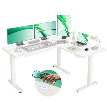 L Shaped Glass Standing Desk with Drawers, 63x55 Inch, White