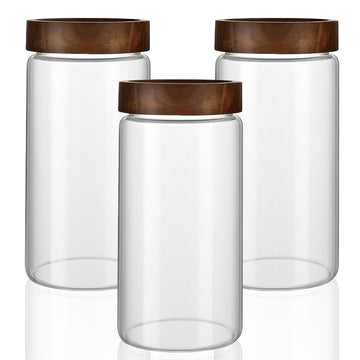 3 Pack 40 fl oz/1200 ml Clear Glass Storage Canister with Airtight Wooden Screw On Lid, Large Tall Decorative Glass