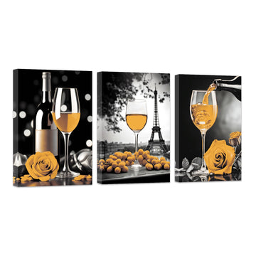 3 Piece Wine Wall Black and White With Yellow Kitchen Painting Wine Rose Prints Eiffel Tower Canvas Pictures Dining