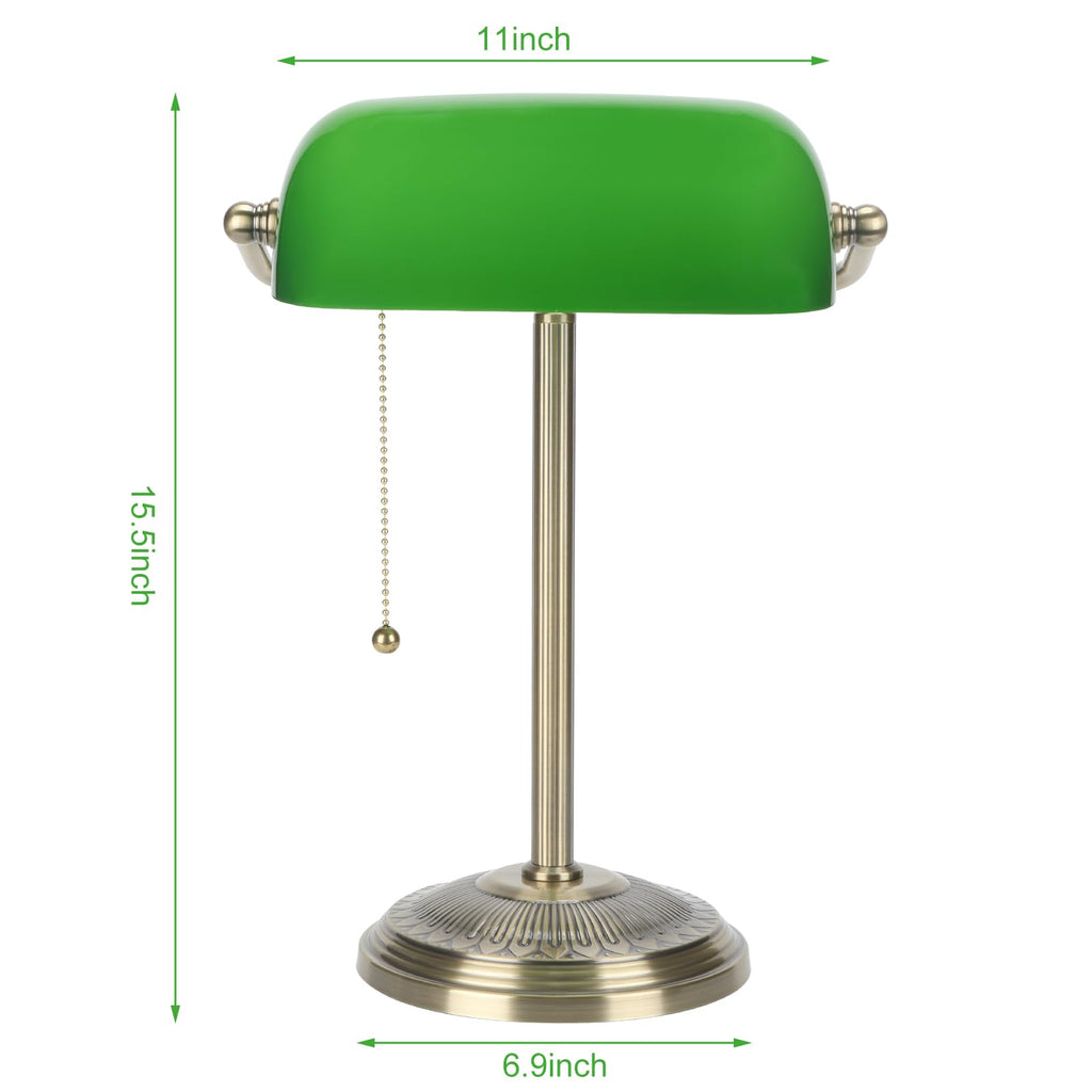 Bankers Lamp, Brass Finish with Pull Switch, Green Glass Shade