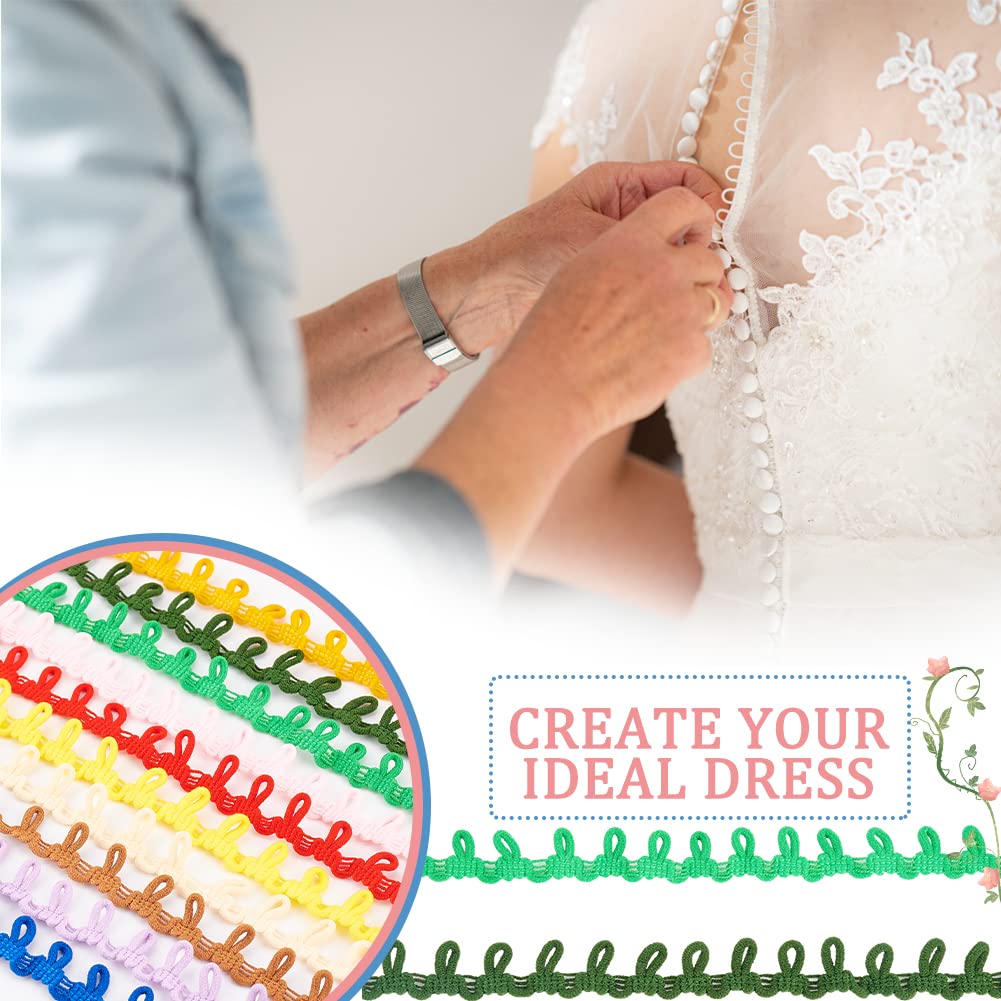 10 Colors Petite Braid Trim with Elastic Button Loop, Buttonhole Tassel Fringe Lace Trim for Wedding Costume - 20 Yards