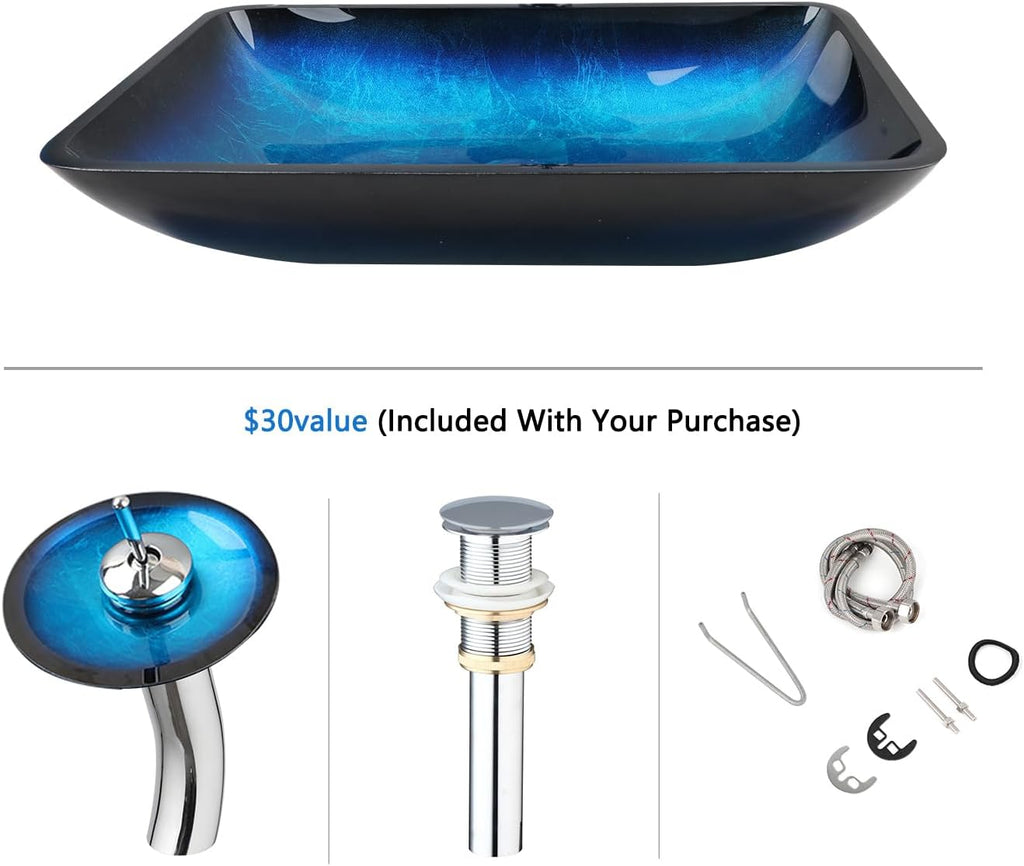22" Blue Bathroom Vessel Sink,Rectangle Tempered Glass Washing Sink Bowl with Faucet And Drain, Artistic Bowl Sinks