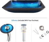 22" Blue Bathroom Vessel Sink,Rectangle Tempered Glass Washing Sink Bowl with Faucet And Drain, Artistic Bowl Sinks