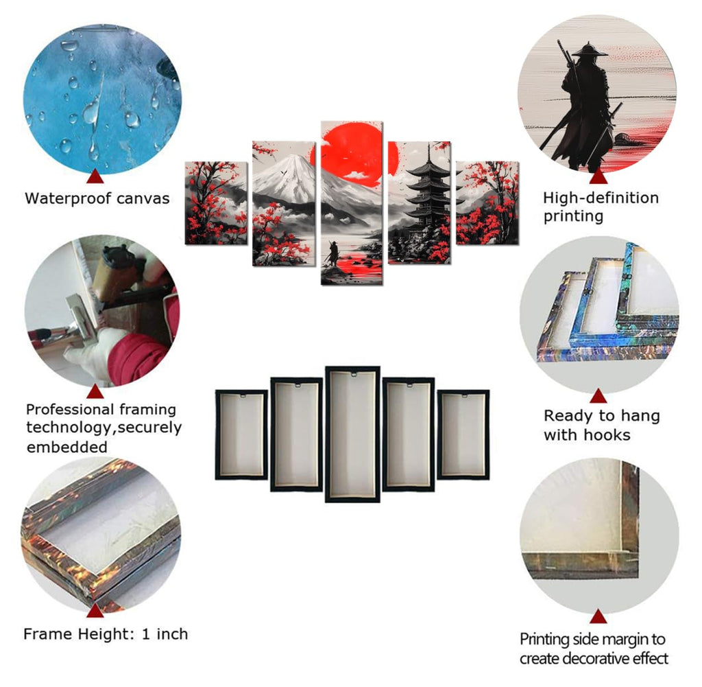 Japanese Samurai Wall Art Red Sun Cherry Blossom Mount Fuji Theme Pictures Wall Decor Prints Paintings Bedroom Office