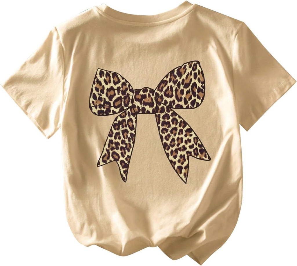 Girl's Leopard Bow Graphic Tees Preppy Baggy T Shirt Summer Tops