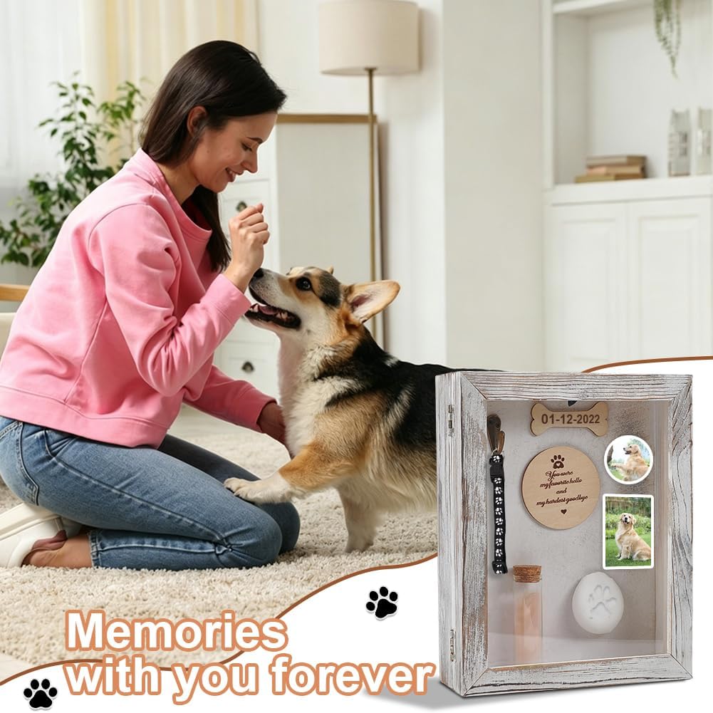 Pet Memorial Shadow Box Solid Wood Rectangle Picture Frame Paw Print Kit Urn Ashes Fur Jar Case Light Grey Dog Cat