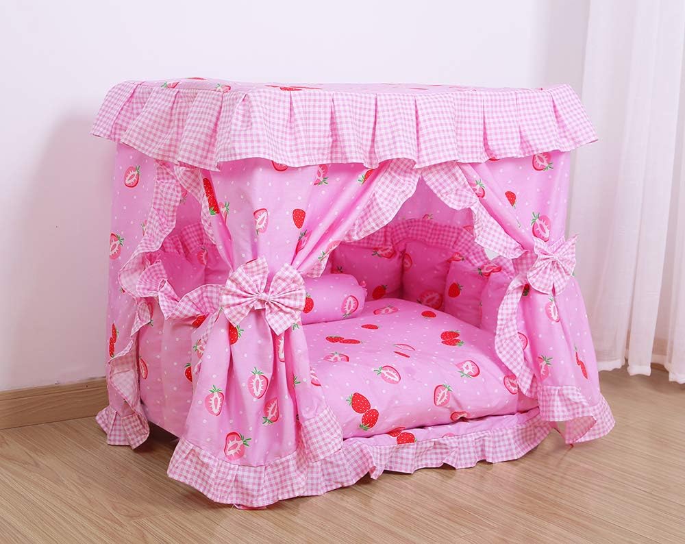 Princess Pink Strawberry Pet Dog Cat Handmade Bed House+1 Candy Pillow Canopy (M)