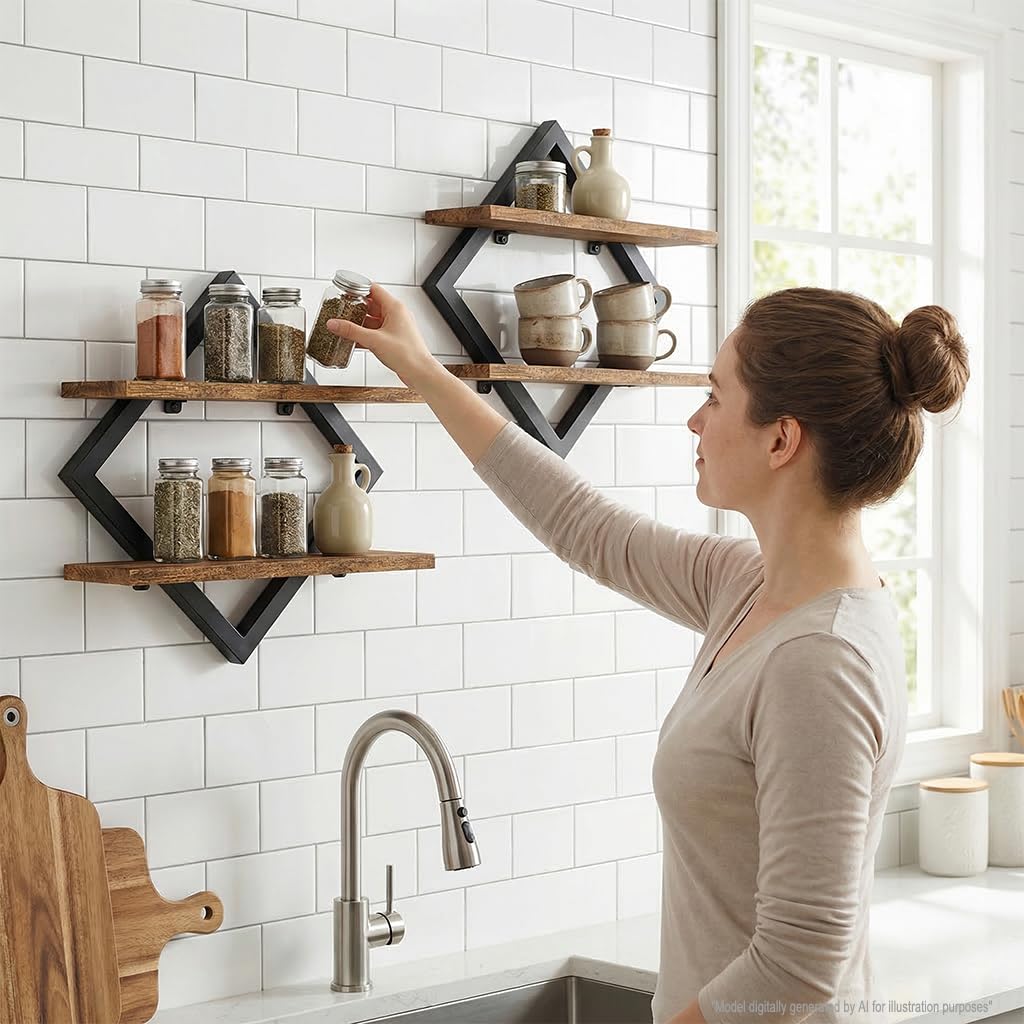 Floating Shelves Shelves on Wall Set of 3, 2-Tier Hanging Wall Mounted Shelves Decorative Wooden Wall, Hanging Wall