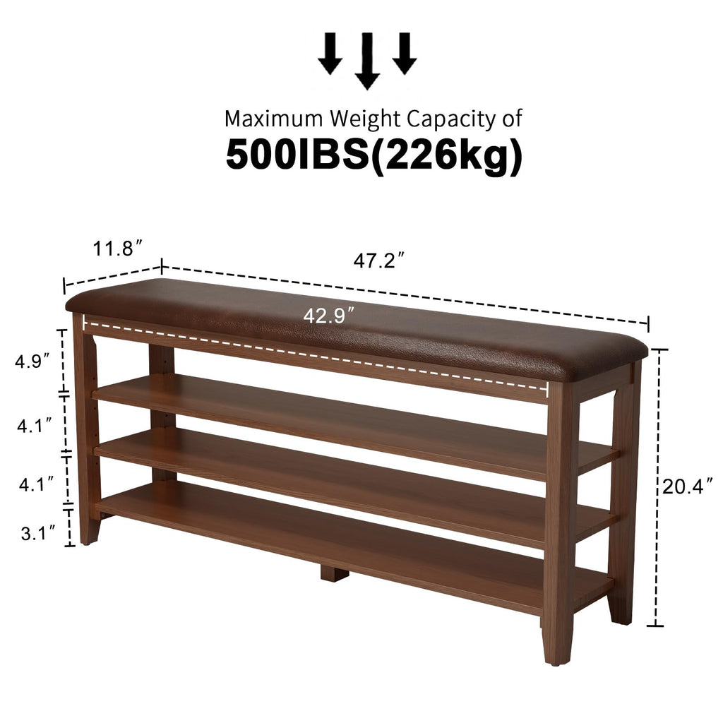 Shoe Bench with Leather Cushion, 3 Tiers Shoe Storage Bench Height Adjustable, Walnut Wood Entryway Bench, Mudroom