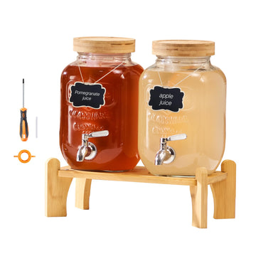 Beverage Dispenser, 2 Pack 1 Gallon Drink Dispensers for Parties, Glass Juice Dispenser with Wood Stand, Stainless