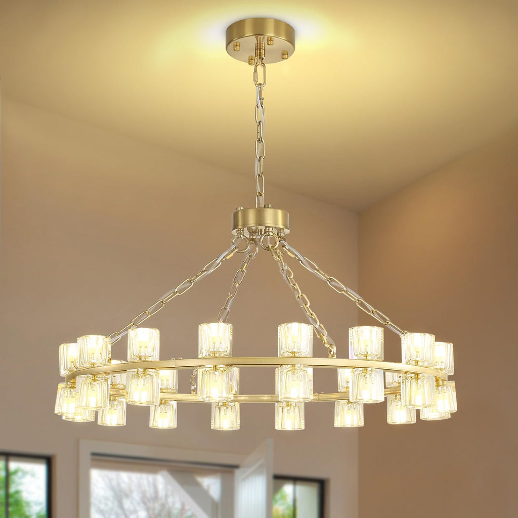 Inspired Arcachon Style Round Wagon Wheel Chandelier, 32" 32-Light Gold, Extended 32" Chain — Foyer, Dining & Living Room