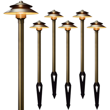Solid Brass Low Voltage Landscape Pathway Lights (6'' Shade, 19'' Tall), 12V LED Heavy Duty Path Lighting Outdoor