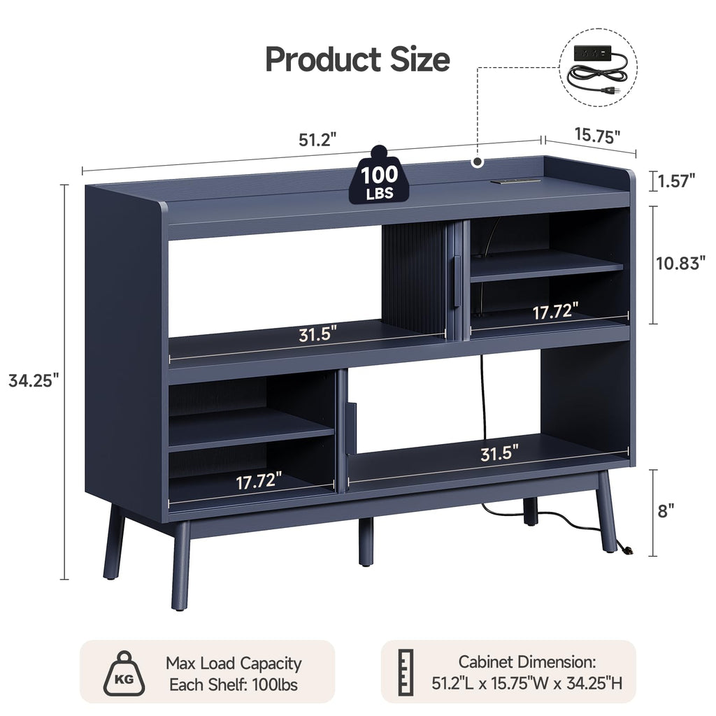 51.2" Sideboard Buffet Cabinet with Outlet & Sliding Door, Blue