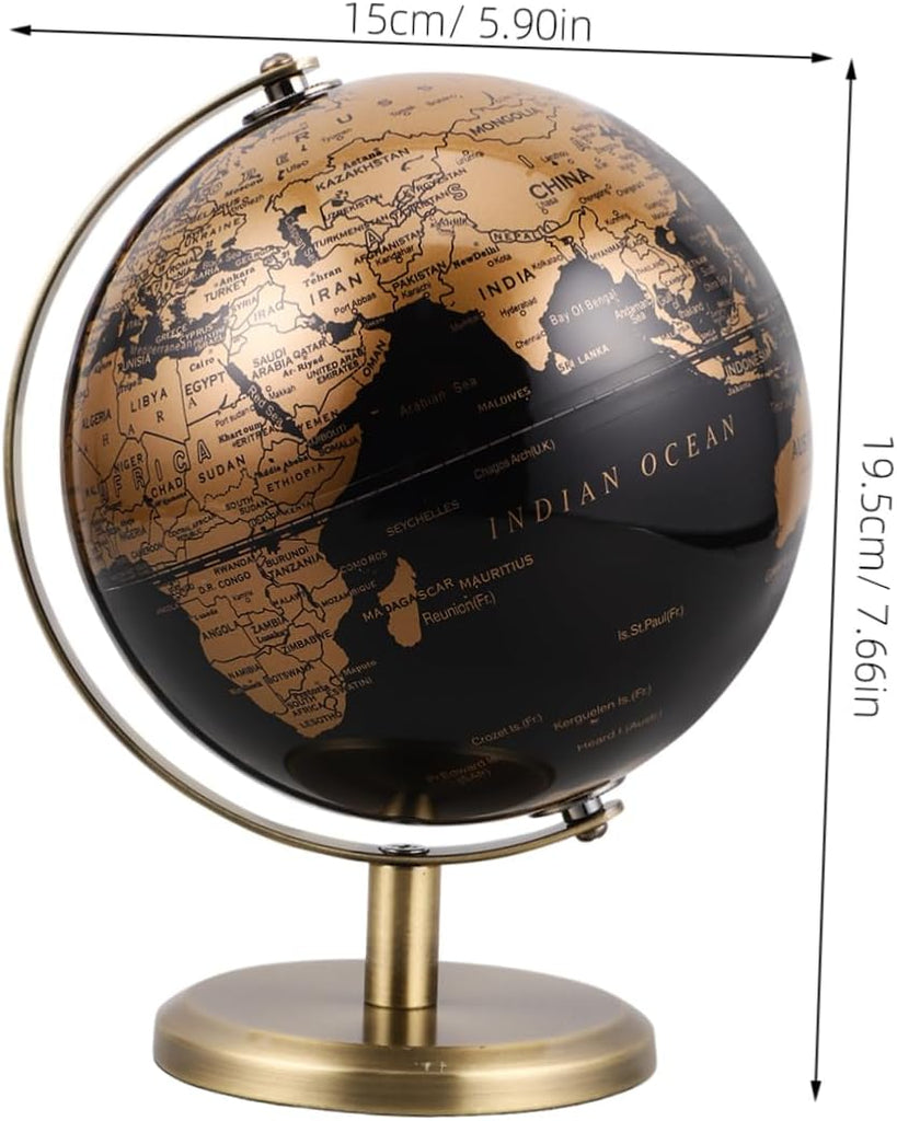 6'' Vintage Globe with Stand: Rotating World Globe Black Gold Desk Ornament Antique Map Decor for Adults Home Office
