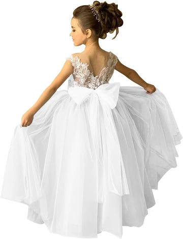 Lace Applique Tulle Flower Girl Dress for Wedding Sleeveless Long Satin Bow Knot V-Back Elegant Formal Dresses