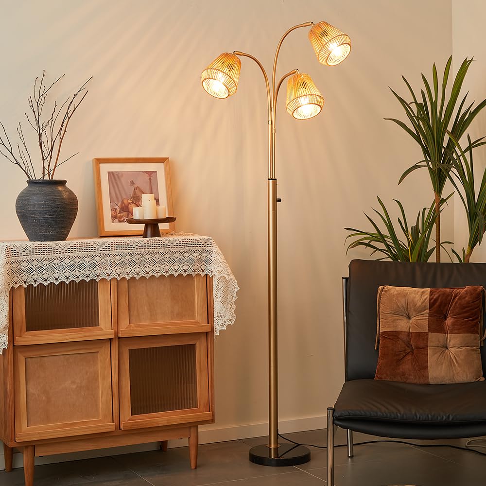 Gold Rattan Floor Lamp, 72'' 3-Light Boho Lamp