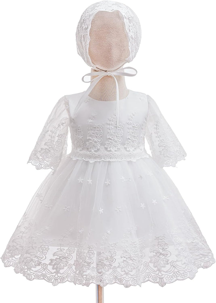 Baby Girls Baptism Christening Dress Infant Toddler Floral Lace Gown With Bonnet
