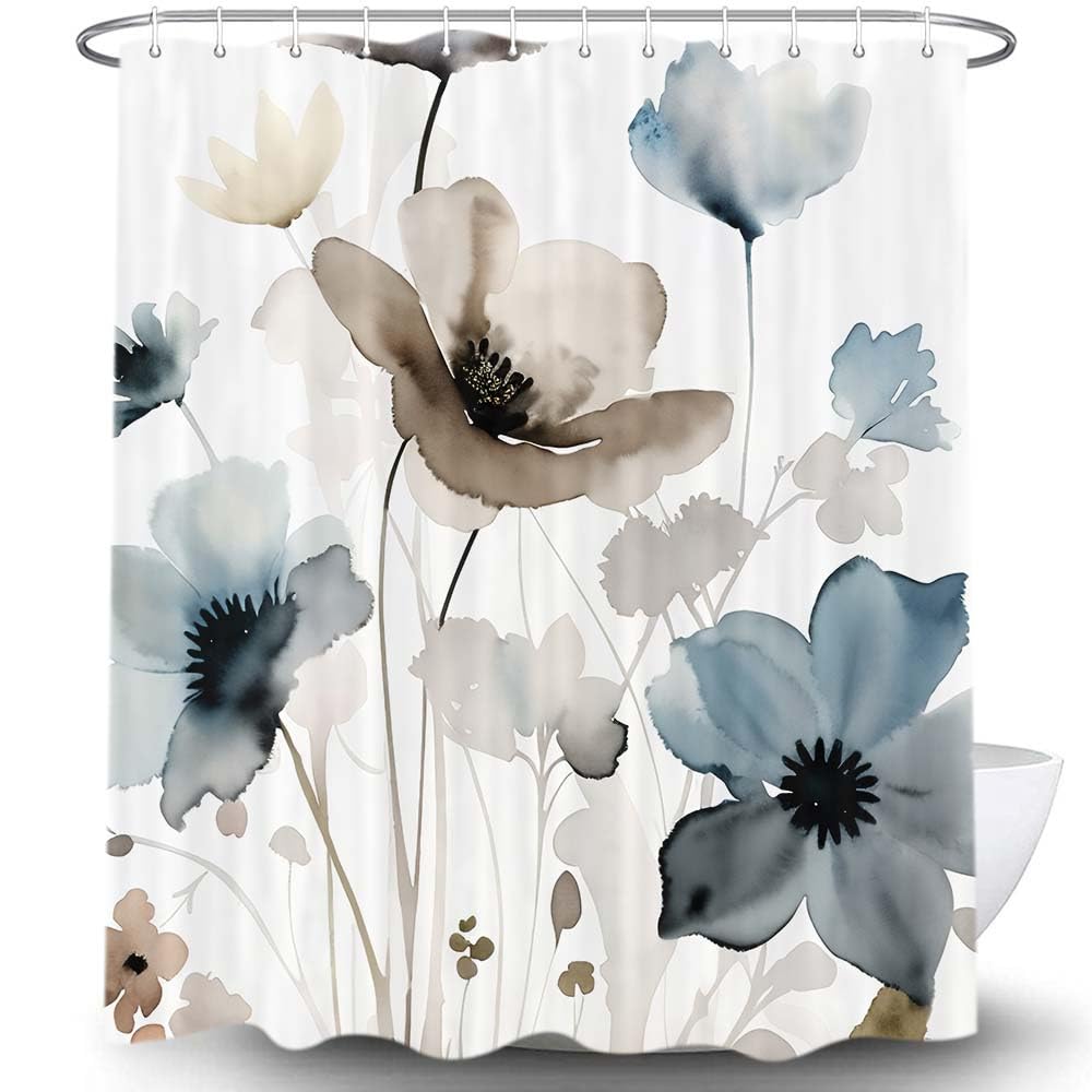 Boho Floral Shower Curtain, Watercolor Ink Flower Plant Leaf Bath Curtains, Nature Scenery Romantic Waterproof