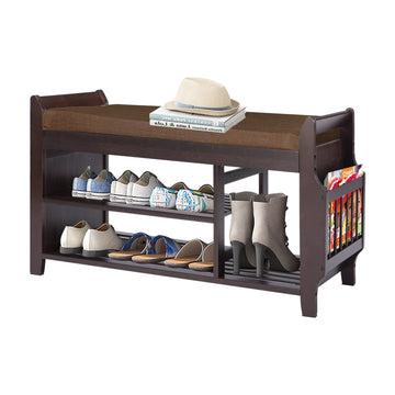 Entryway Shoe Bench with Bamboo Seat, 2-Tier Shoe Bench with Removable Brown Cushion and Umbrella Holder -L