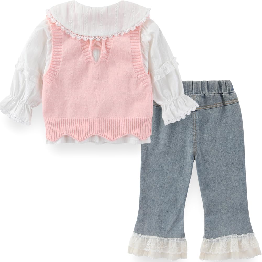 Spring Autumn Summer - Toddler Girl Clothing Sets 3pcs White Shirt Knit Vest Lace Flare Jeans