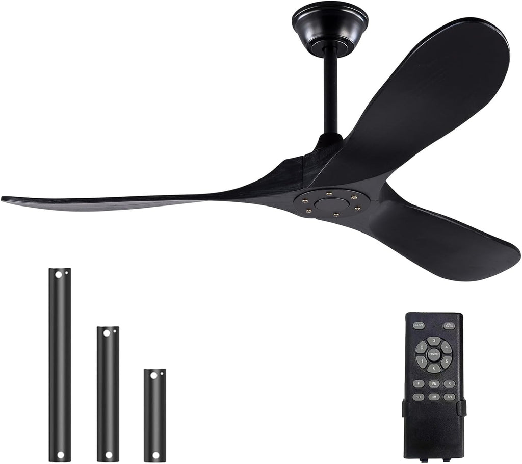 Inspired Maverick Style Solid Wood Black Ceiling Fan Without Light, 52 inch Walnut Ceiling Fan with 3 Wood Blades 6 Speeds Smart Timing Reversible DC Motor, Modern Fan for Indoor Outdoor Farmhouse/Patios A102-B0CMTK7D47
